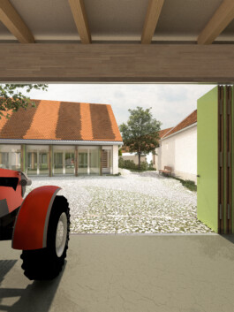 Vizualizace garáže spolkového domu. Střechu vynáší trám z lepeného dřeva, vrata garáže se mohou úplně otevřít. 